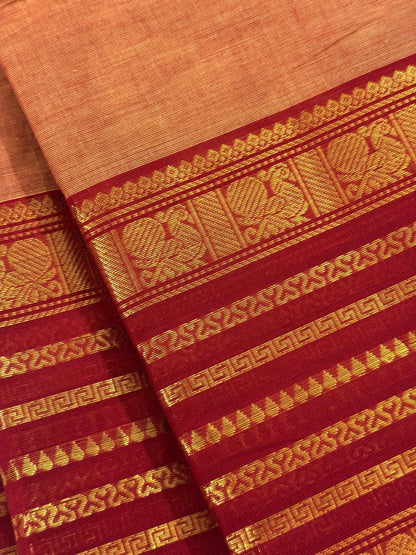 Traditional Kanchi Cotton - Warm Peach with Deep Crimson Pink & Gold Zari - TKCEQ044