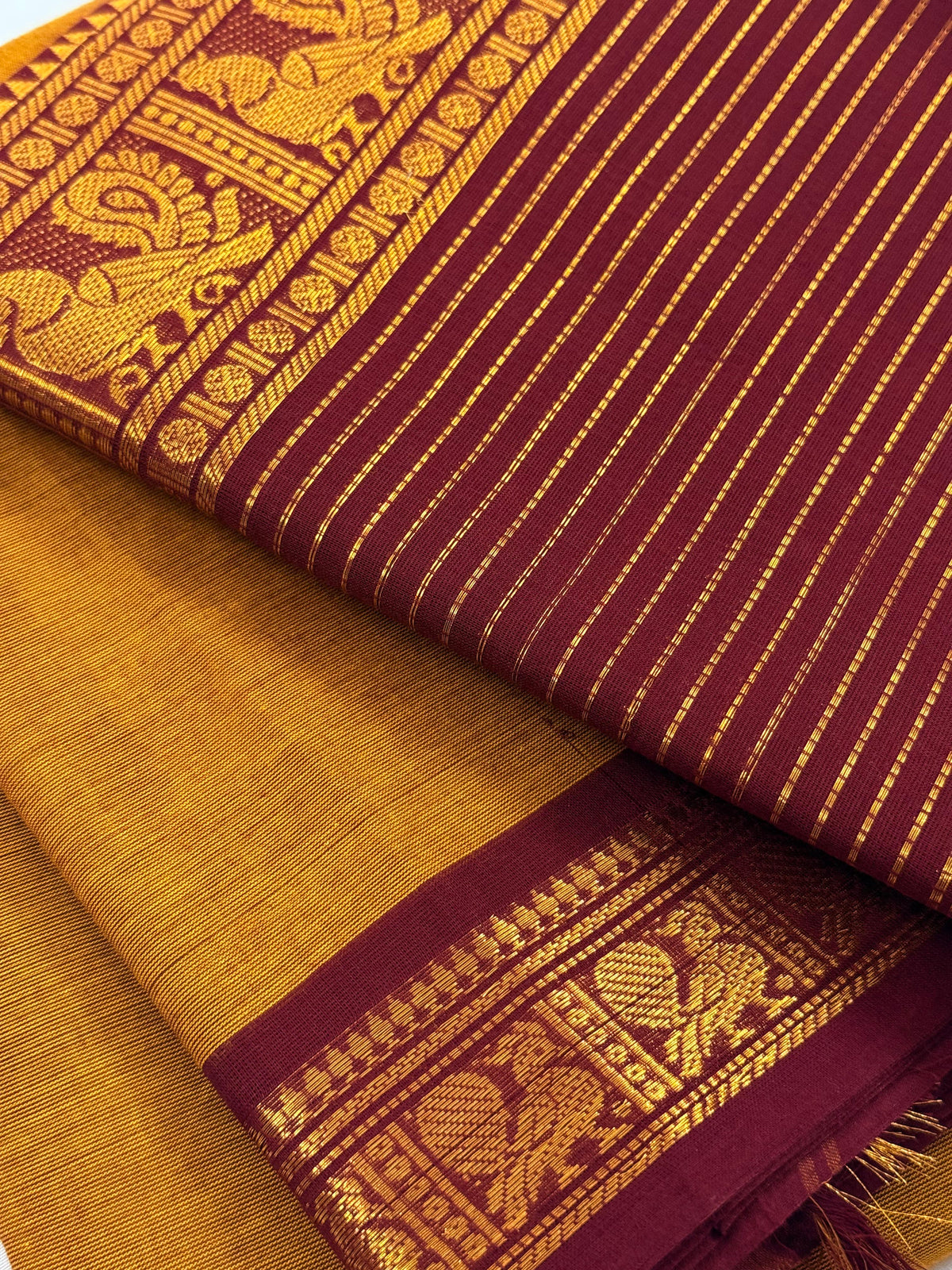 Traditional Kanchi Cotton - Warm Mustard Yellow with Deep Maroon & Gold Zari - TKCEQ045