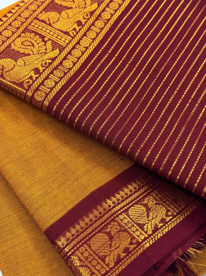 Traditional Kanchi Cotton - Warm Mustard Yellow with Deep Maroon & Gold Zari - TKCEQ045