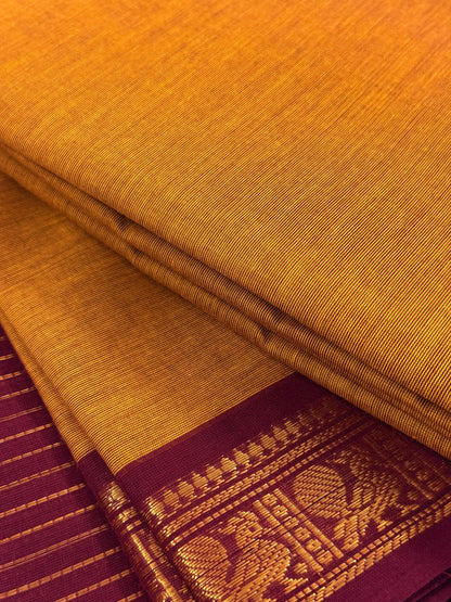 Traditional Kanchi Cotton - Warm Mustard Yellow with Deep Maroon & Gold Zari - TKCEQ045