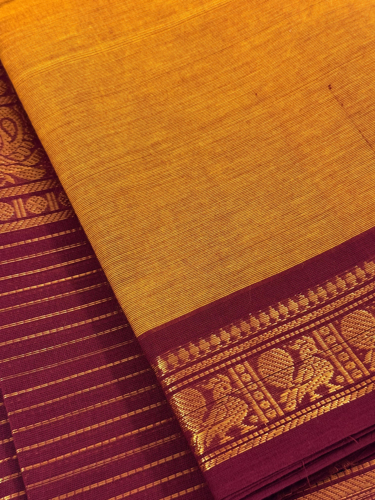 Traditional Kanchi Cotton - Warm Mustard Yellow with Deep Maroon & Gold Zari - TKCEQ045