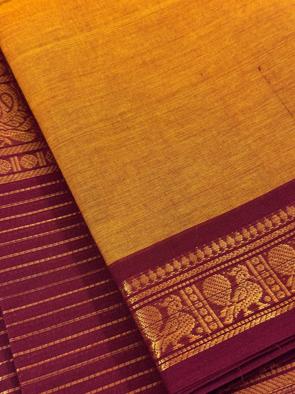 Traditional Kanchi Cotton - Warm Mustard Yellow with Deep Maroon & Gold Zari - TKCEQ045