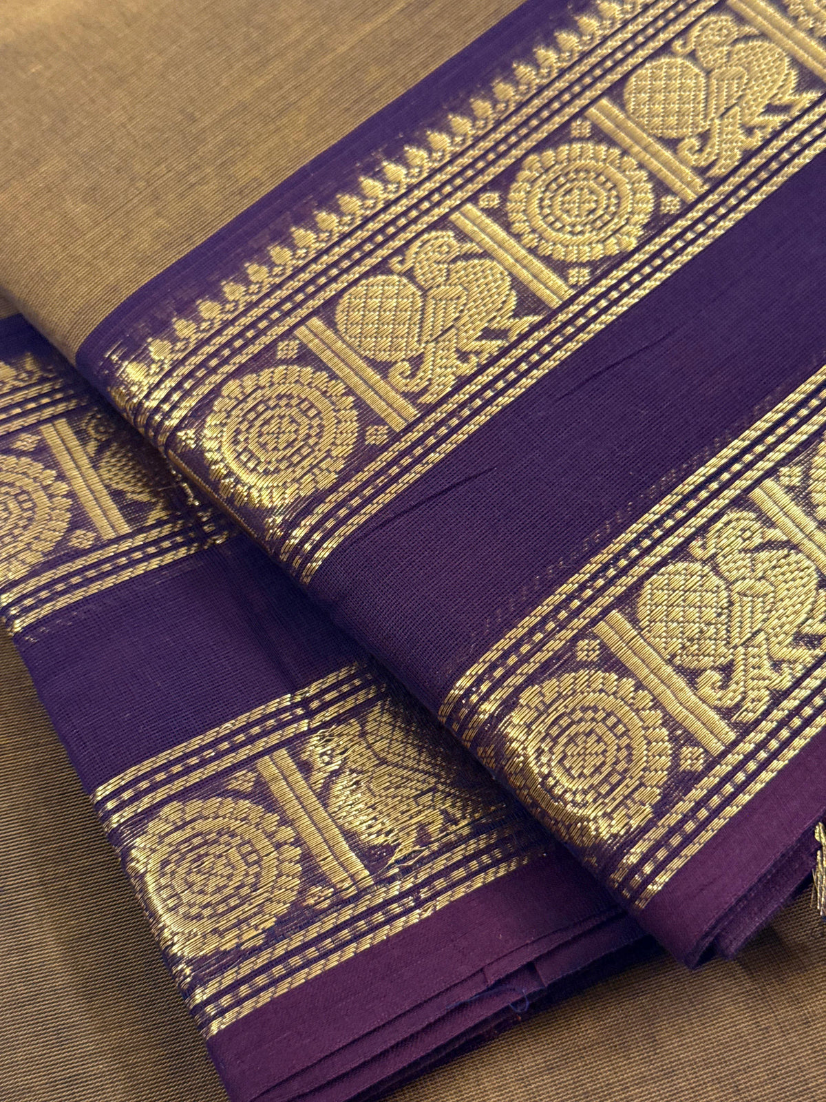Traditional Kanchi Cotton - Sandalwood Gold with Deep Burgundy & Gold Zari - TKCEQ047