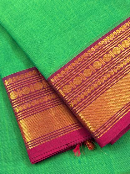 Traditional Kanchi Cotton -  Bright Parrot Green with Deep Magenta Pink & Gold Zari  - TKCEQ048