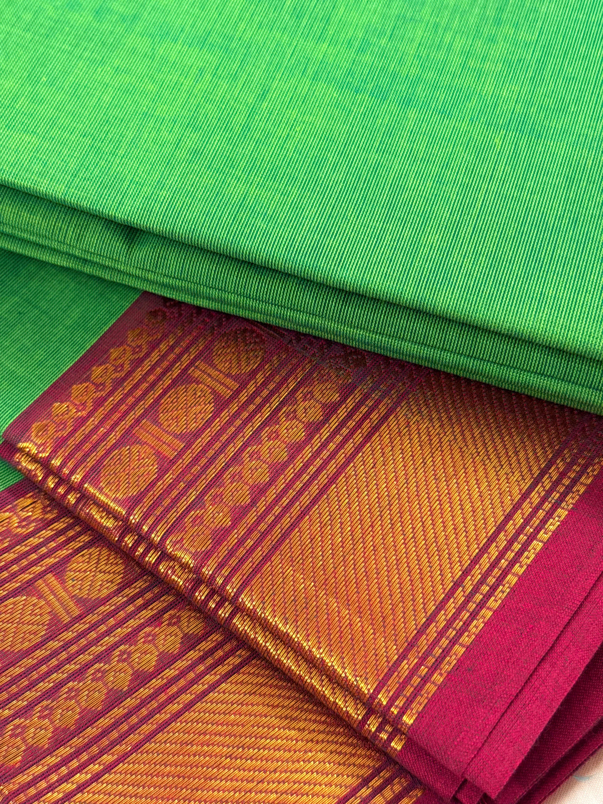 Traditional Kanchi Cotton -  Bright Parrot Green with Deep Magenta Pink & Gold Zari  - TKCEQ048