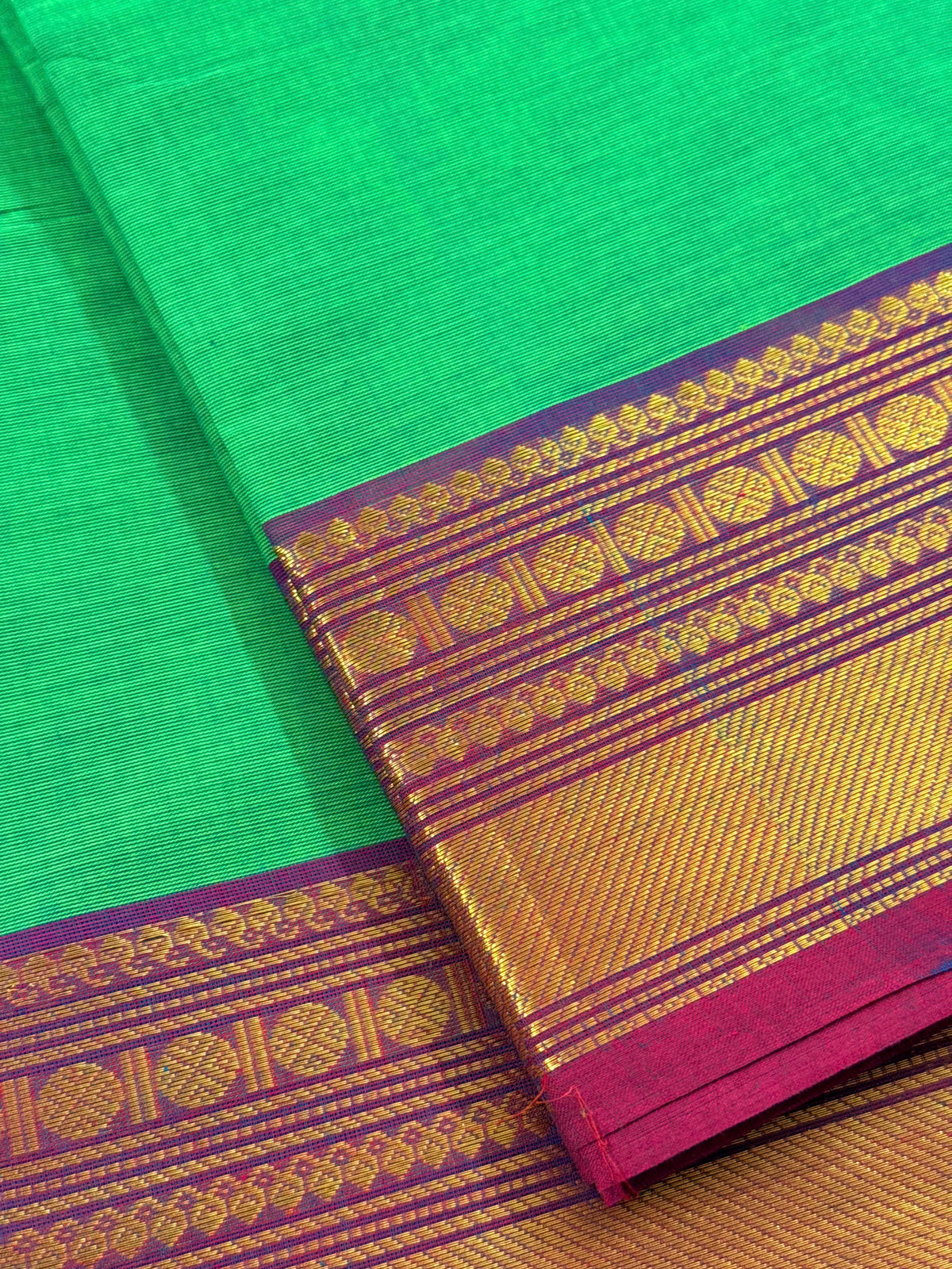 Traditional Kanchi Cotton -  Bright Parrot Green with Deep Magenta Pink & Gold Zari  - TKCEQ048