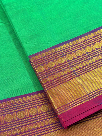 Traditional Kanchi Cotton -  Bright Parrot Green with Deep Magenta Pink & Gold Zari  - TKCEQ048