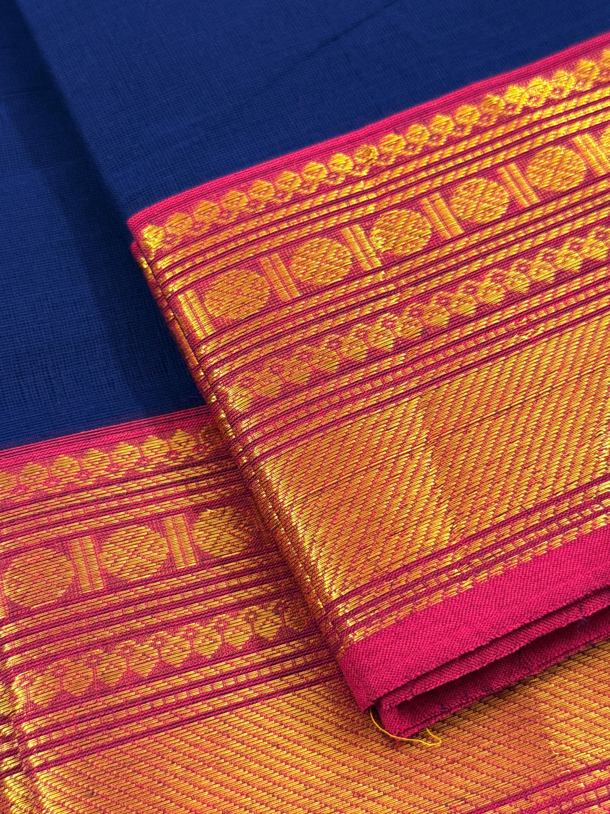 Traditional Kanchi Cotton -  Dark Blue with Bright Pink & Gold Zari  - TKCEQ049