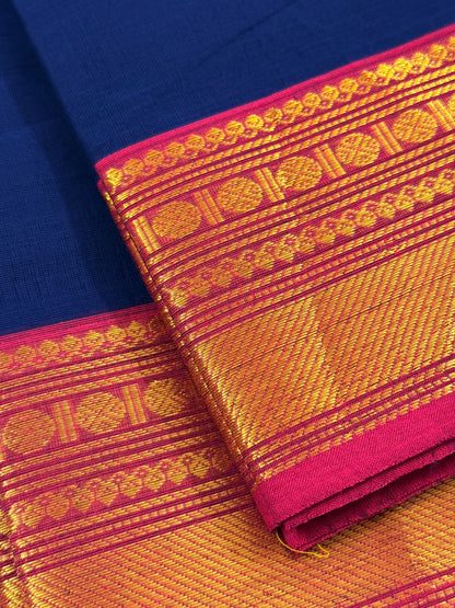 Traditional Kanchi Cotton -  Dark Blue with Bright Pink & Gold Zari  - TKCEQ049