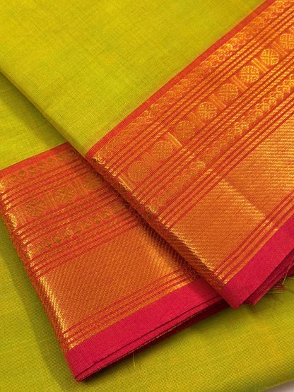 Traditional Kanchi Cotton -  Bright Lemon Yellow with Pink & Gold Zari  - TKCEQ050