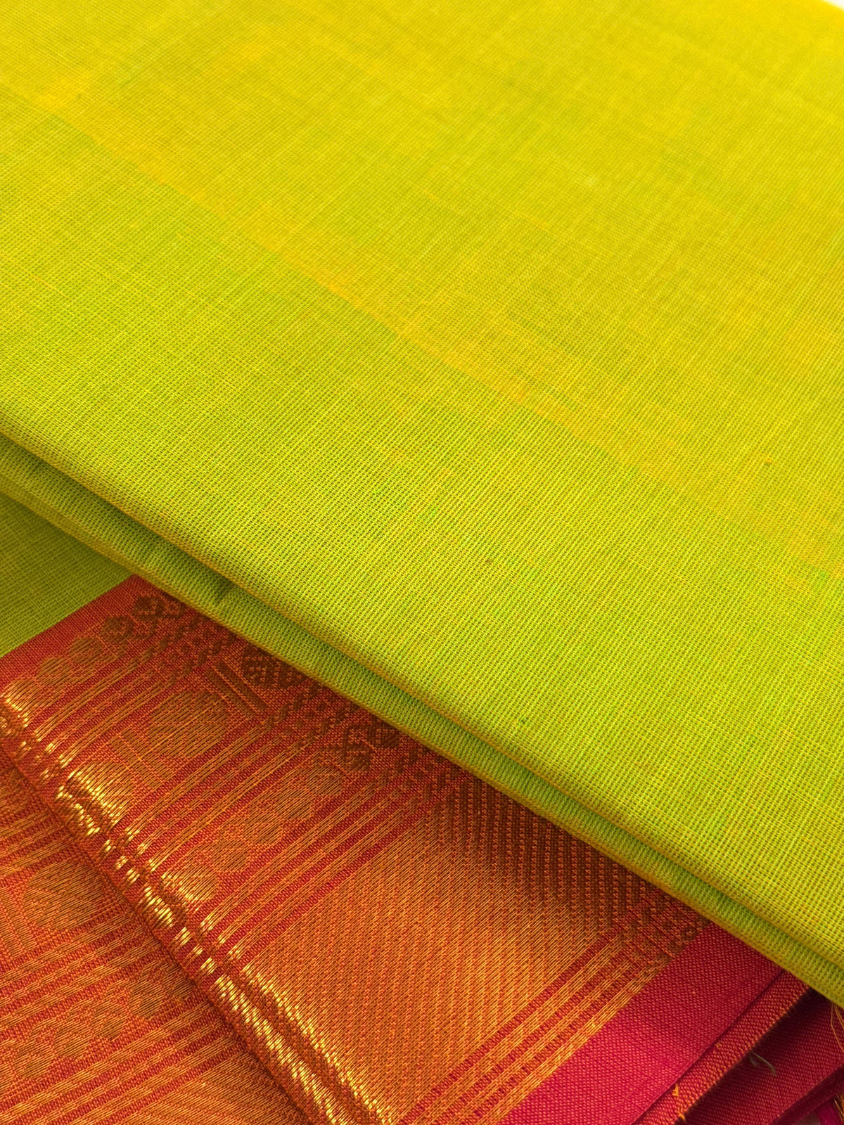 Traditional Kanchi Cotton -  Bright Lemon Yellow with Pink & Gold Zari  - TKCEQ050