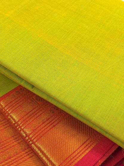 Traditional Kanchi Cotton -  Bright Lemon Yellow with Pink & Gold Zari  - TKCEQ050