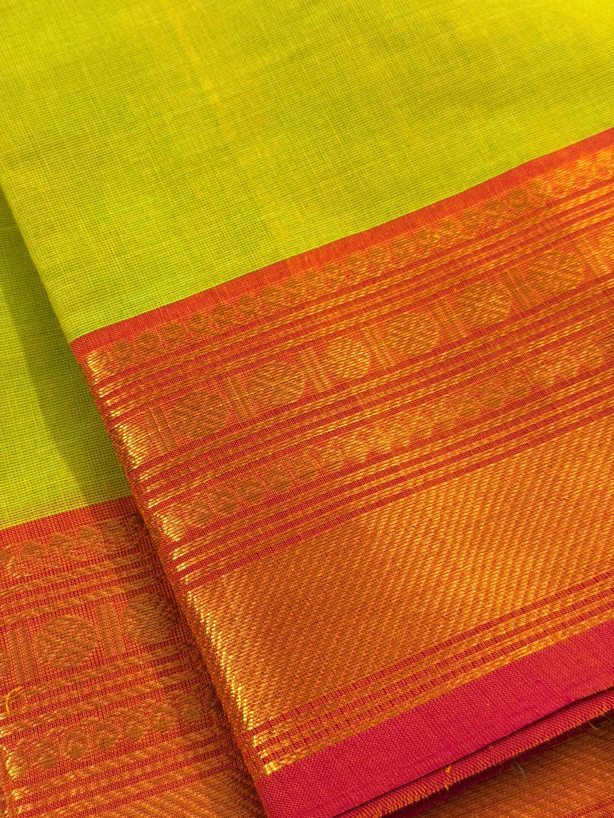 Traditional Kanchi Cotton -  Bright Lemon Yellow with Pink & Gold Zari  - TKCEQ050