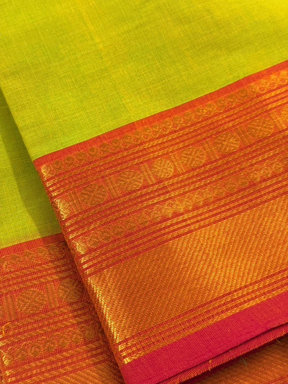 Traditional Kanchi Cotton -  Bright Lemon Yellow with Pink & Gold Zari  - TKCEQ050