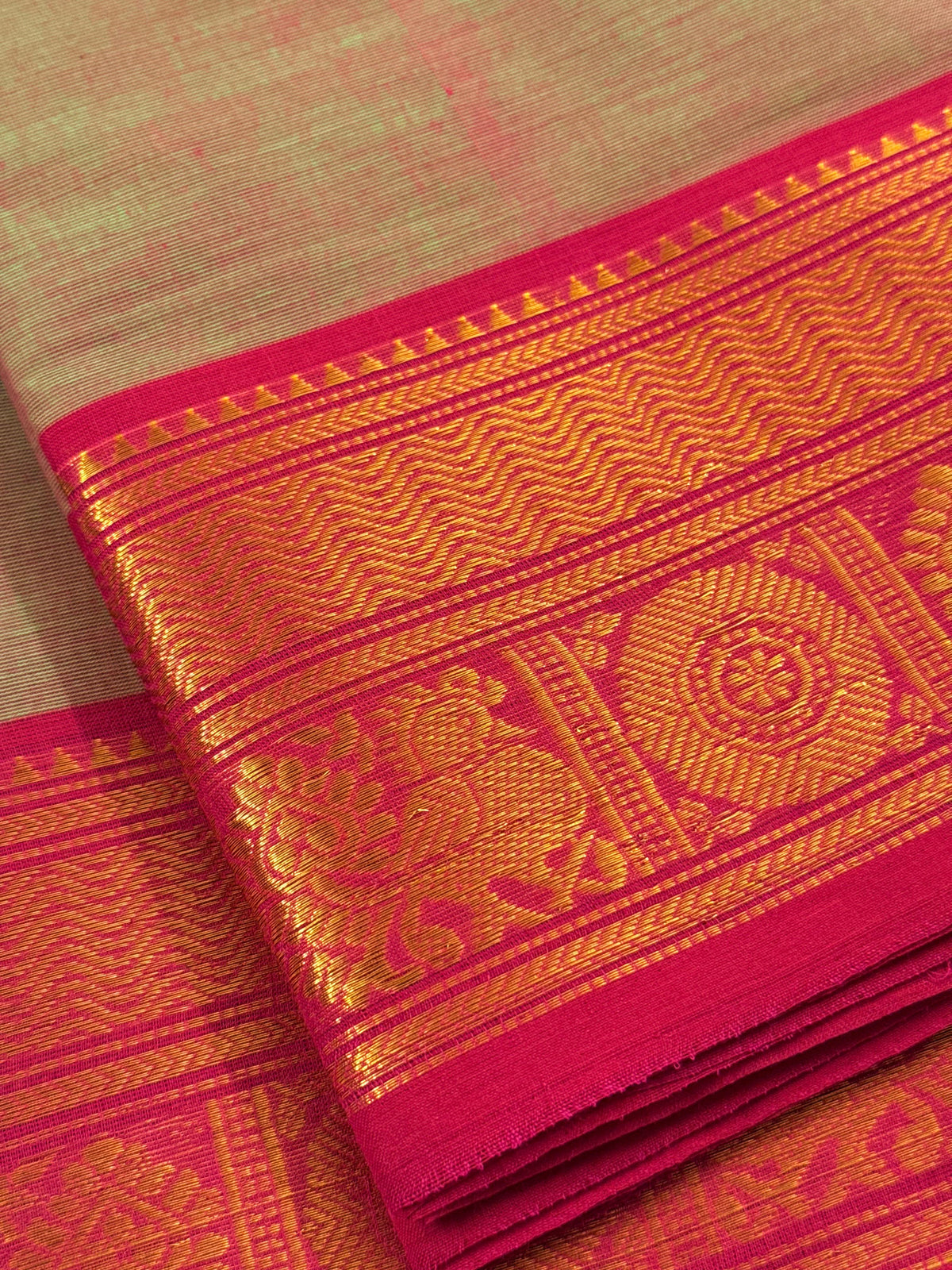 Traditional Kanchi Cotton -  Light Sage Green Shot-Tone with Rani Pink & Gold Zari  - TKCEQ051