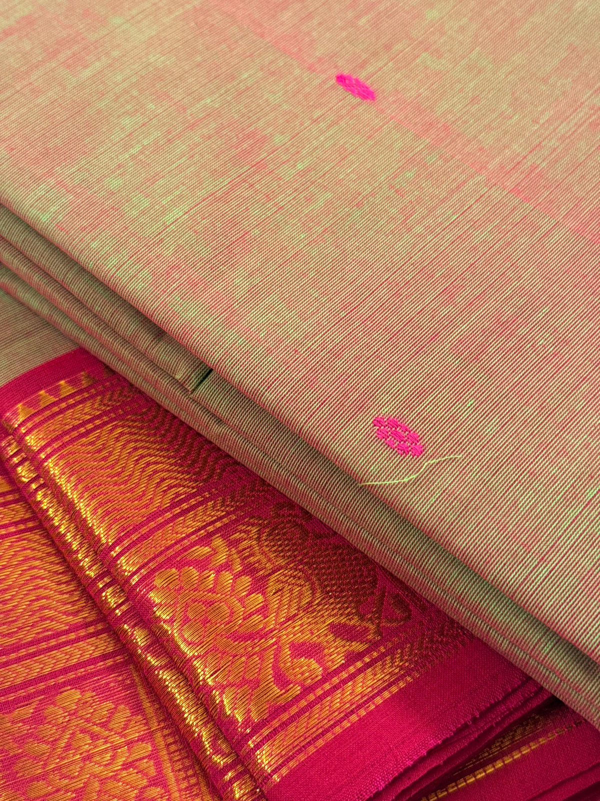 Traditional Kanchi Cotton -  Light Sage Green Shot-Tone with Rani Pink & Gold Zari  - TKCEQ051