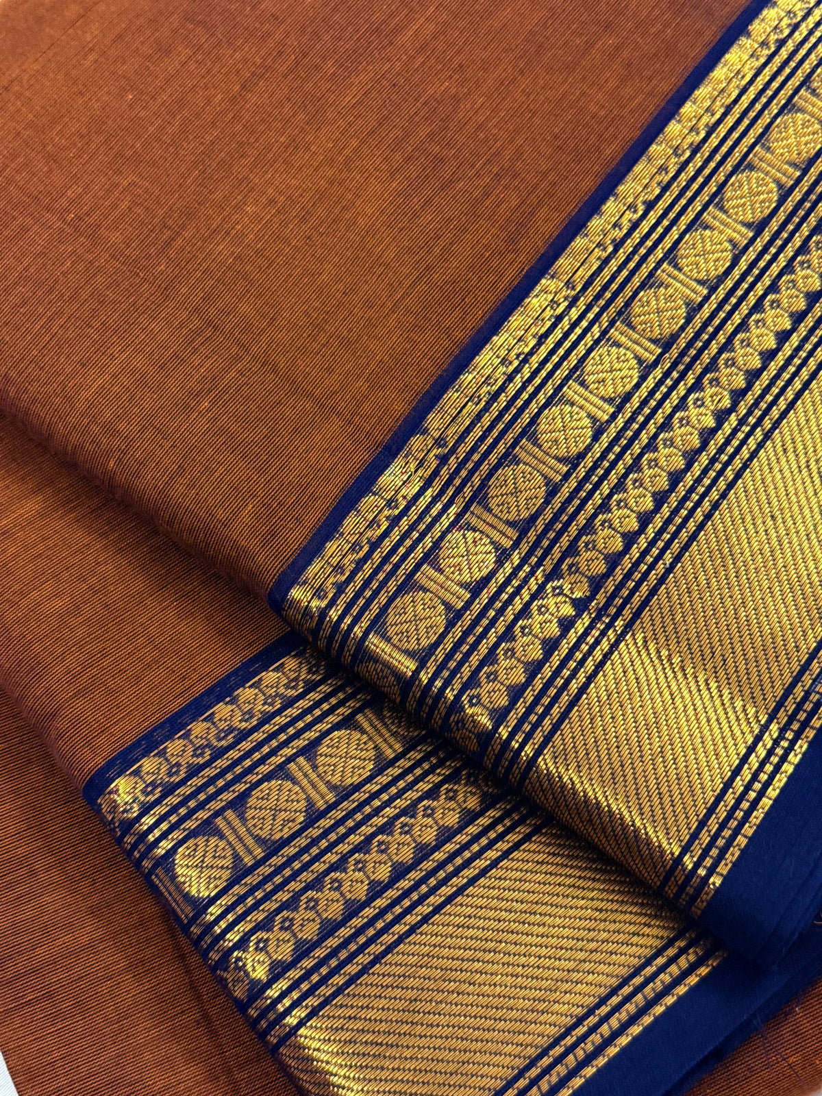 Traditional Kanchi Cotton - Warm Copper Brown with Deep Navy Blue & Gold Zari - TKCEQ052
