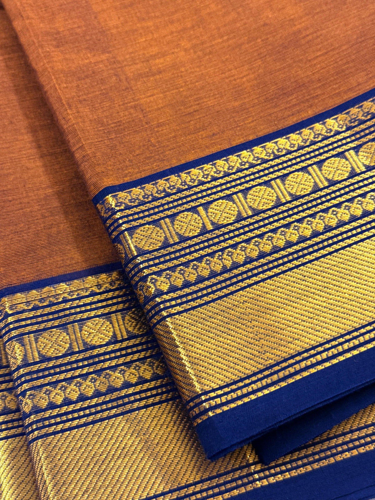 Traditional Kanchi Cotton - Warm Copper Brown with Deep Navy Blue & Gold Zari - TKCEQ052