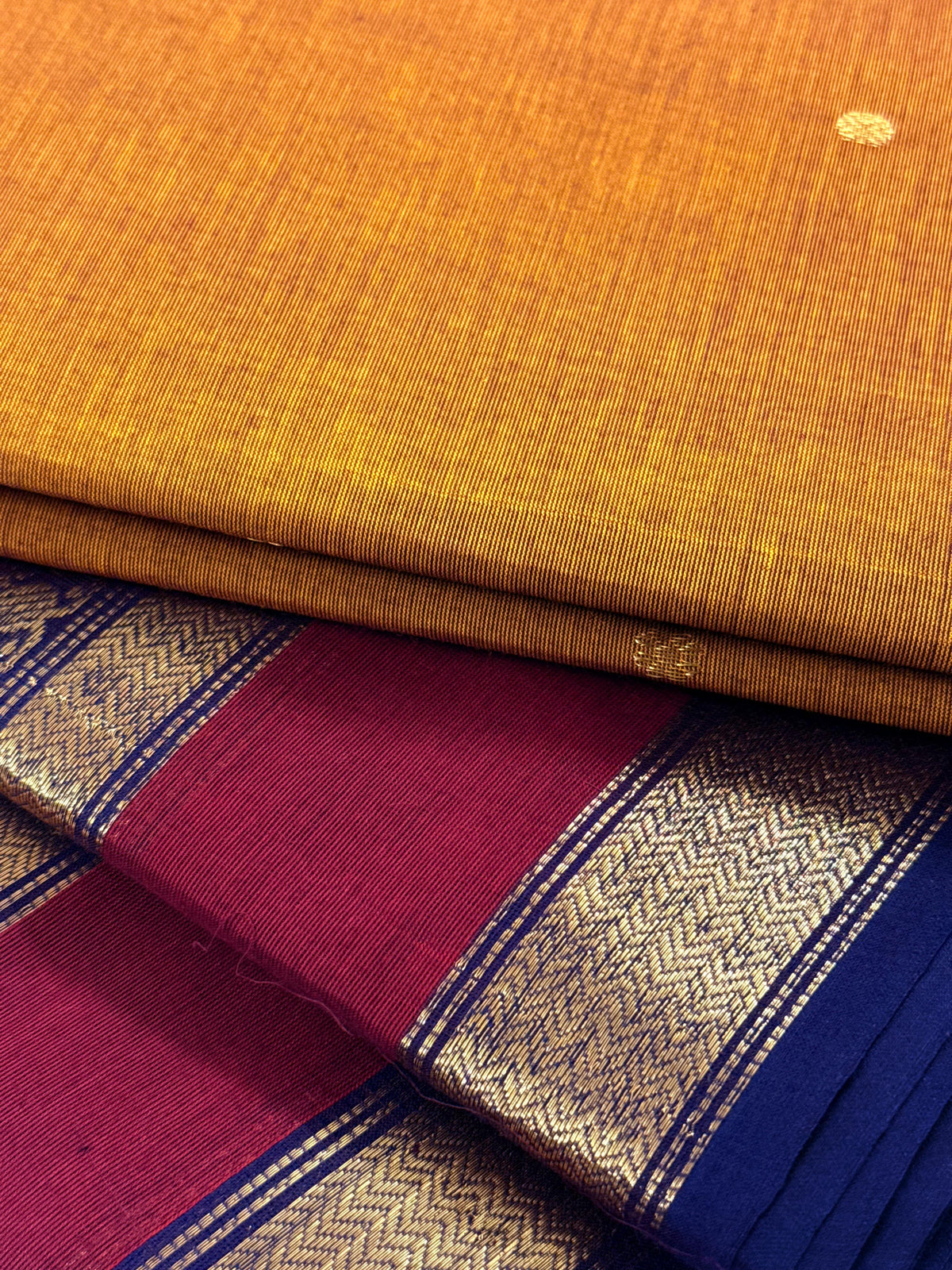 Traditional Kanchi Cotton -  Mustard Yellow with Navy Blue, Maroon & Gold Zari  - TKCEQ053
