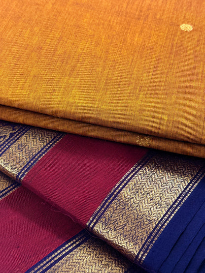 Traditional Kanchi Cotton -  Mustard Yellow with Navy Blue, Maroon & Gold Zari  - TKCEQ053