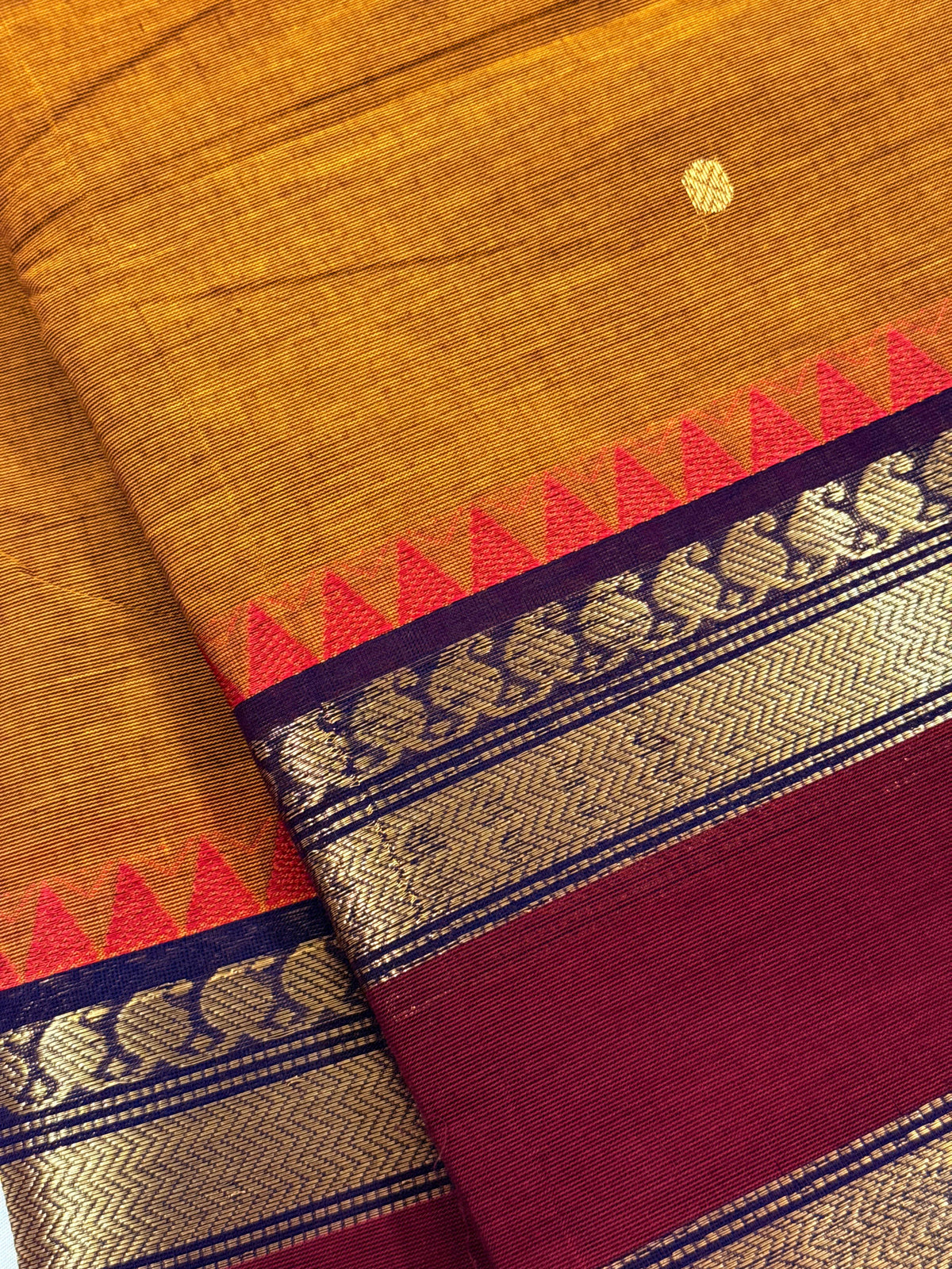 Traditional Kanchi Cotton -  Mustard Yellow with Navy Blue, Maroon & Gold Zari  - TKCEQ053