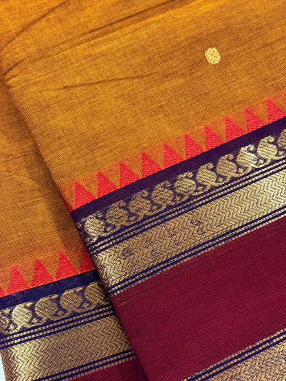 Traditional Kanchi Cotton -  Mustard Yellow with Navy Blue, Maroon & Gold Zari  - TKCEQ053