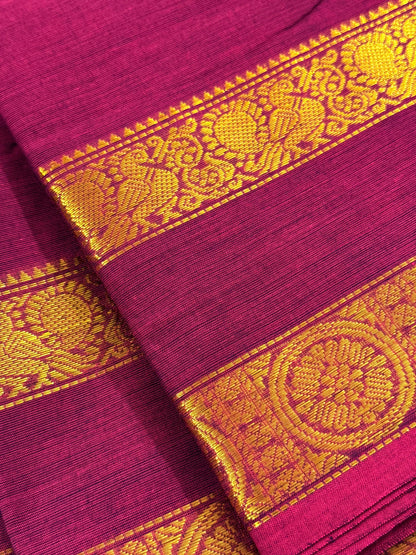 Traditional Kanchi Cotton - Magenta Pink with Gold Zari Rettapetta Border - TKCEQ054
