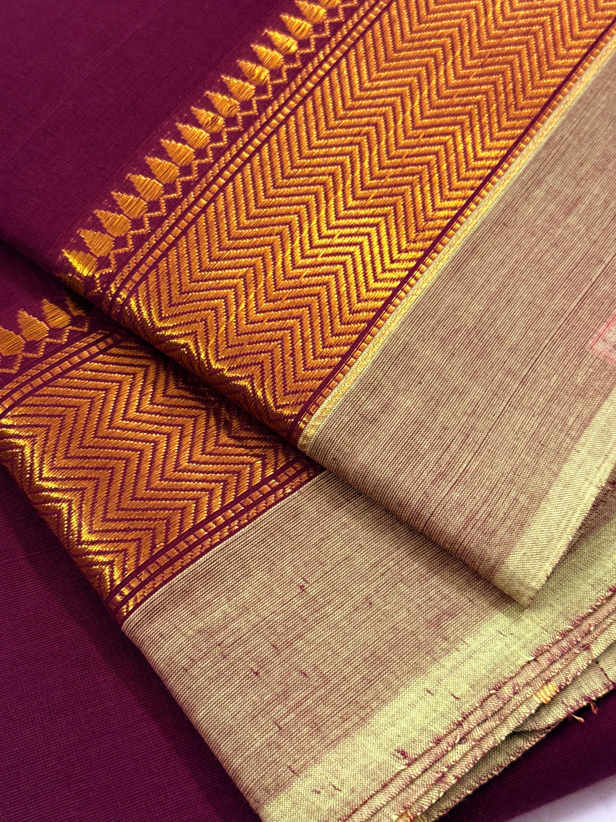 Traditional Kanchi Cotton - Wine with Soft Sage Green & Gold Zari - TKCEQ055