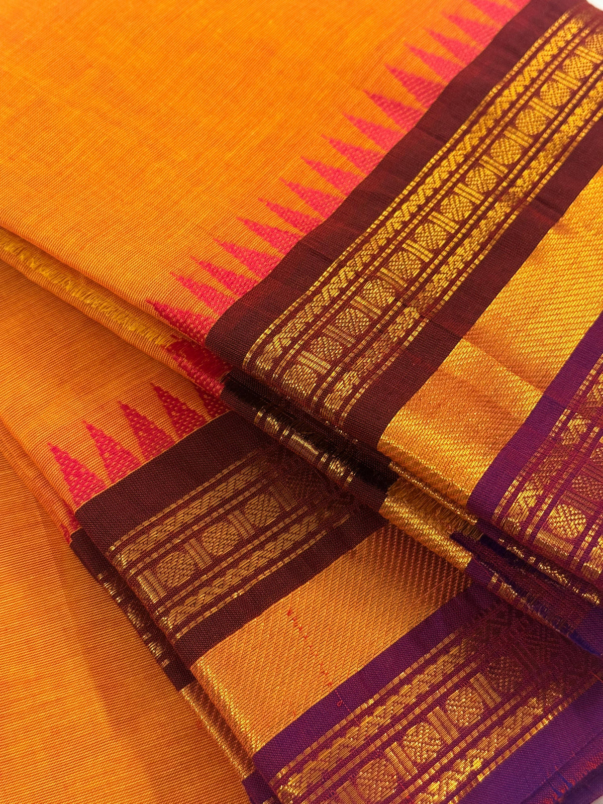 Traditional Kanchi Cotton - Bright Mango Yellow with Deep Purple & Gold Zari - TKCEQ057