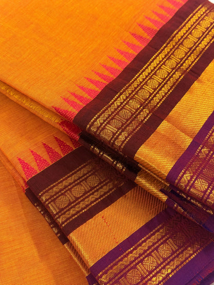 Traditional Kanchi Cotton - Bright Mango Yellow with Deep Purple & Gold Zari - TKCEQ057