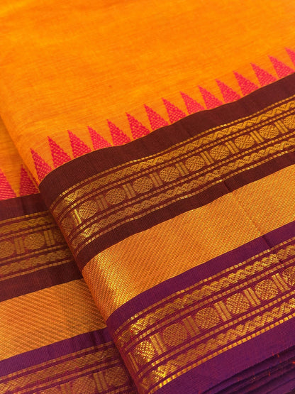 Traditional Kanchi Cotton - Bright Mango Yellow with Deep Purple & Gold Zari - TKCEQ057