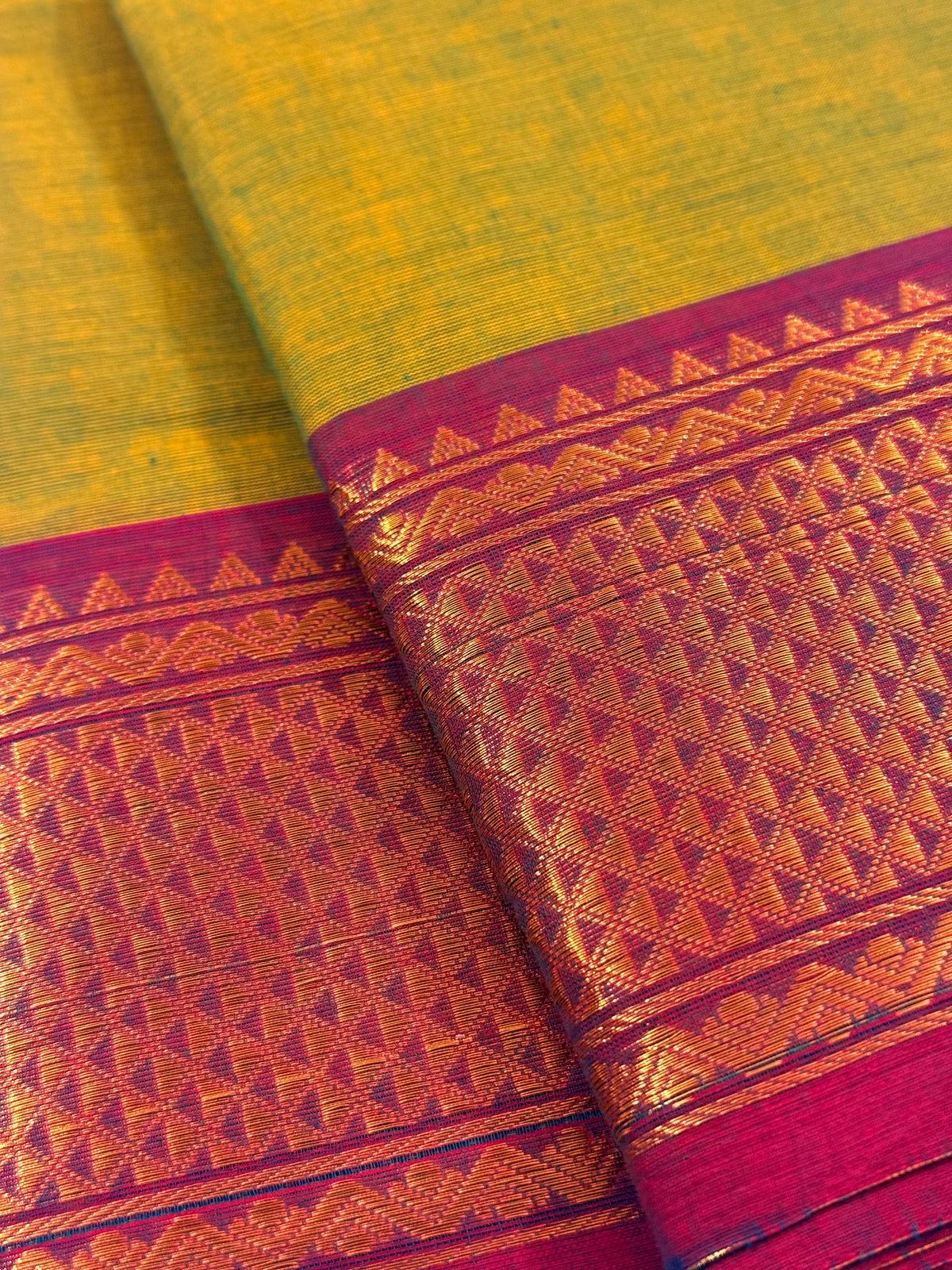 Traditional Kanchi Cotton - Olive Lime Green with Magenta Purple & Gold Zari - TKCEQ030