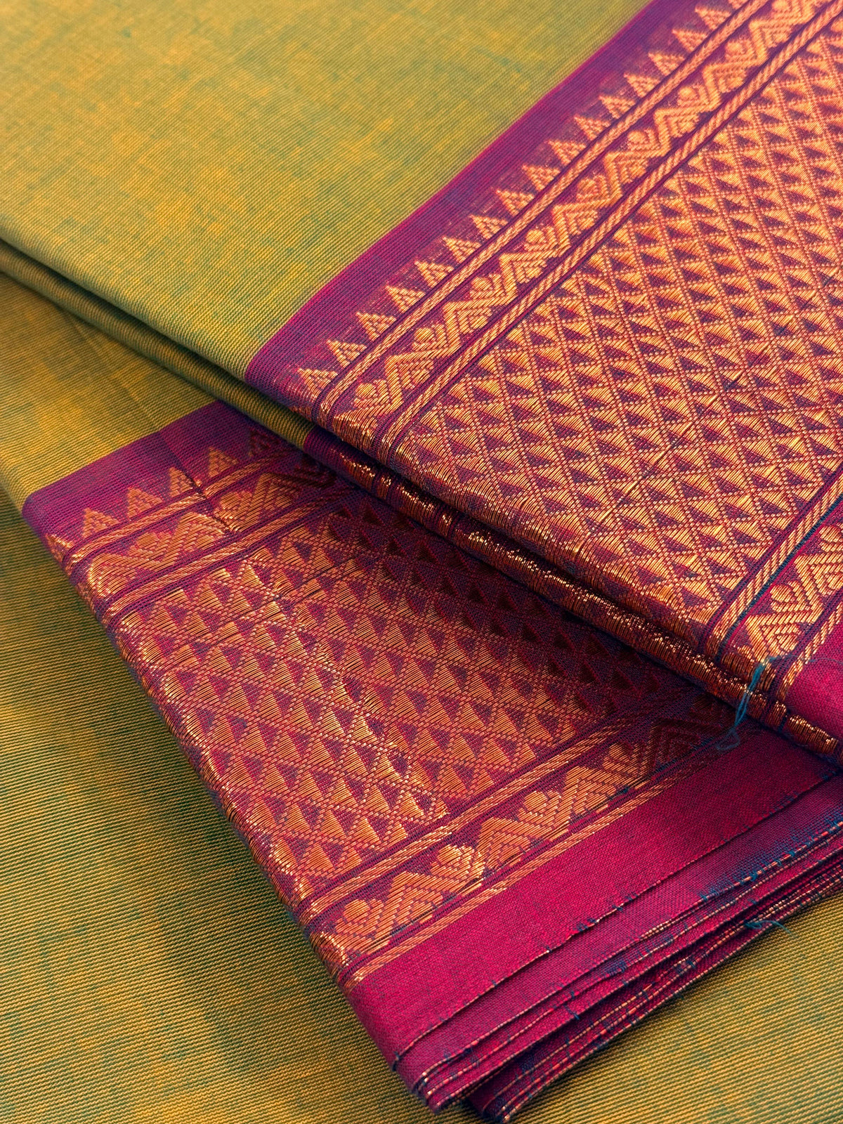 Traditional Kanchi Cotton - Olive Lime Green with Magenta Purple & Gold Zari - TKCEQ030