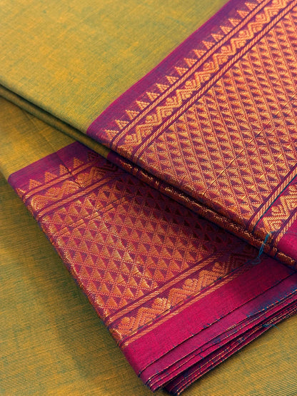 Traditional Kanchi Cotton - Olive Lime Green with Magenta Purple & Gold Zari - TKCEQ030