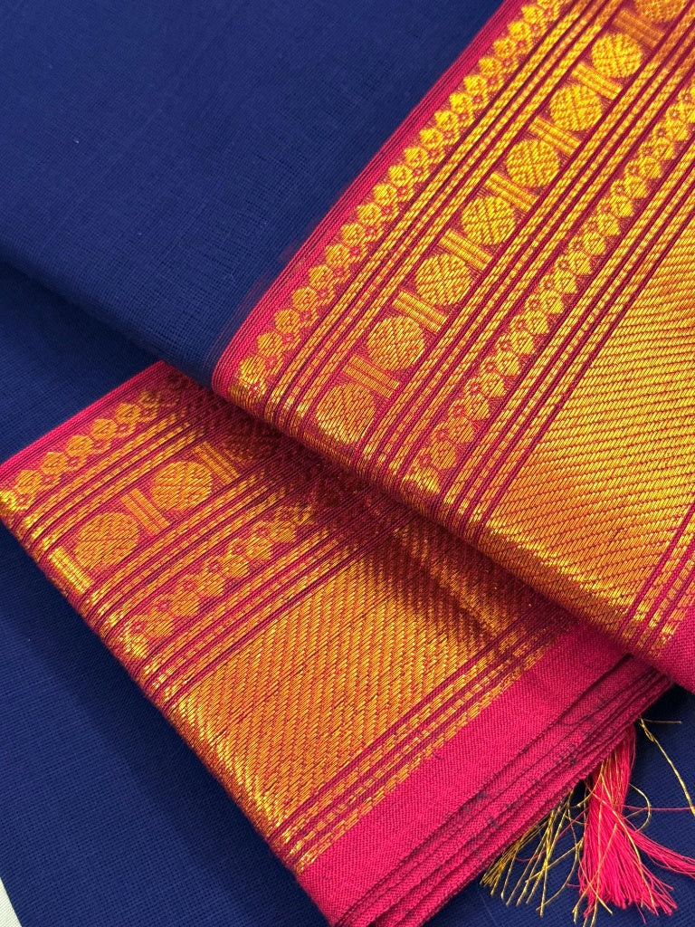 Traditional Kanchi Cotton -  Dark Blue with Bright Pink & Gold Zari  - TKCEQ049