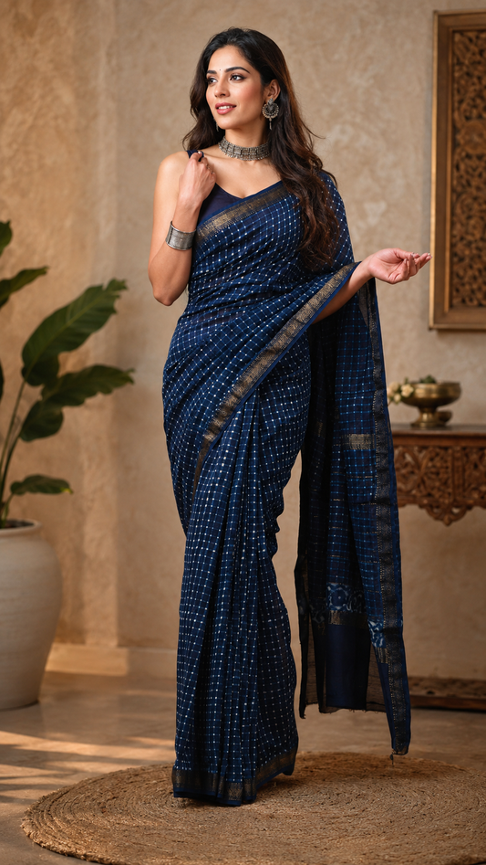 Maheshwari Silk Saree - Indigo Blue with White Dots - MSEQ008