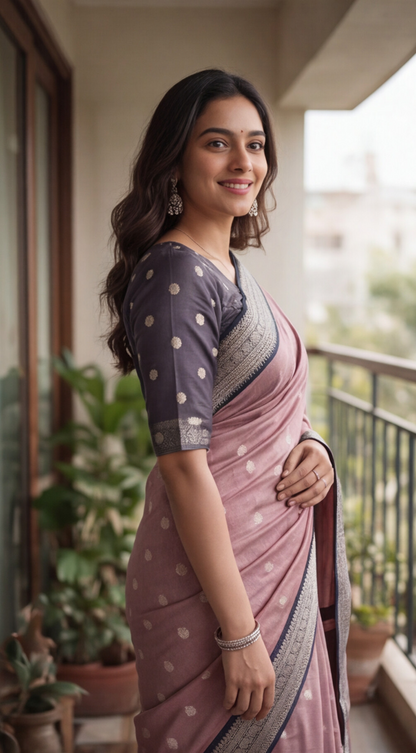 Banarasi Soft Katan Silk Saree - Pink with Black - BKSEQ002