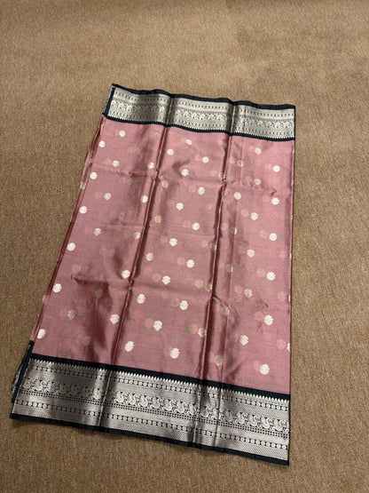 Banarasi Soft Katan Silk Saree - Pink with Black - BKSEQ002