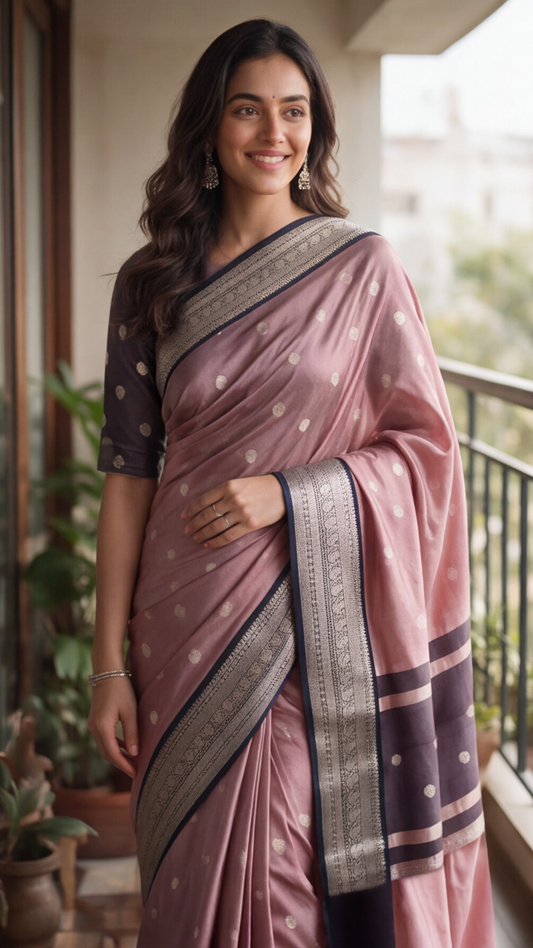 Banarasi Soft Katan Silk Saree - Pink with Black - BKSEQ002
