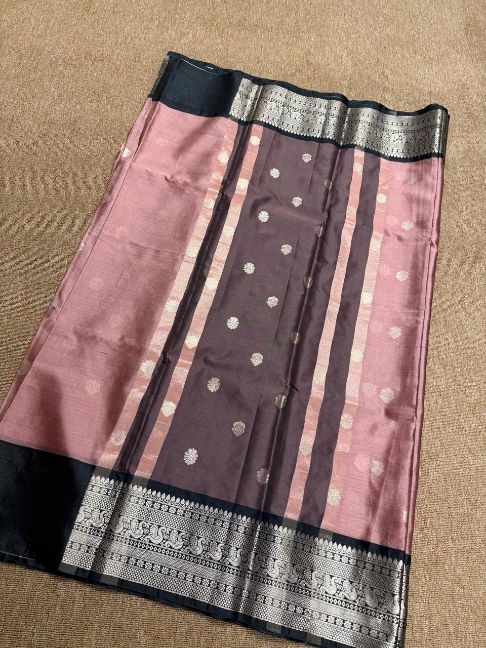 Banarasi Soft Katan Silk Saree - Pink with Black - BKSEQ002