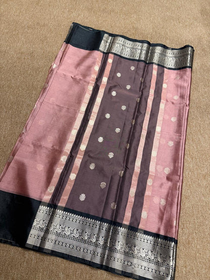Banarasi Soft Katan Silk Saree - Pink with Black - BKSEQ002