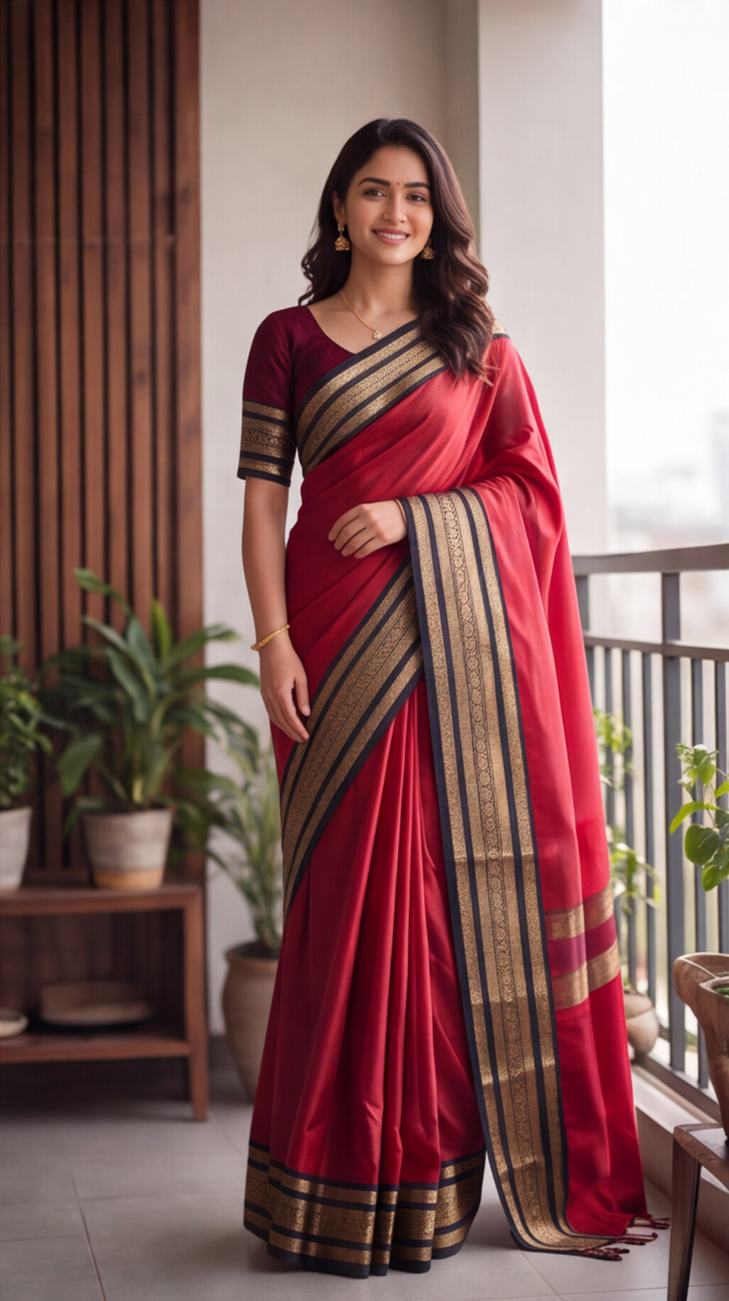 Banarasi Soft Katan Silk Saree - Red with Black - BKSEQ001