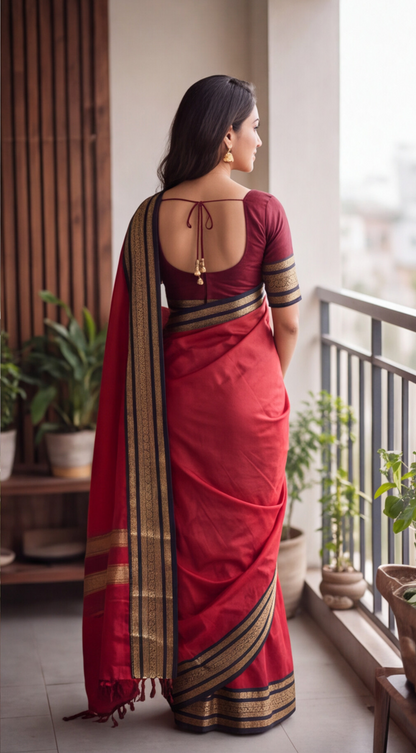 Banarasi Soft Katan Silk Saree - Red with Black - BKSEQ001