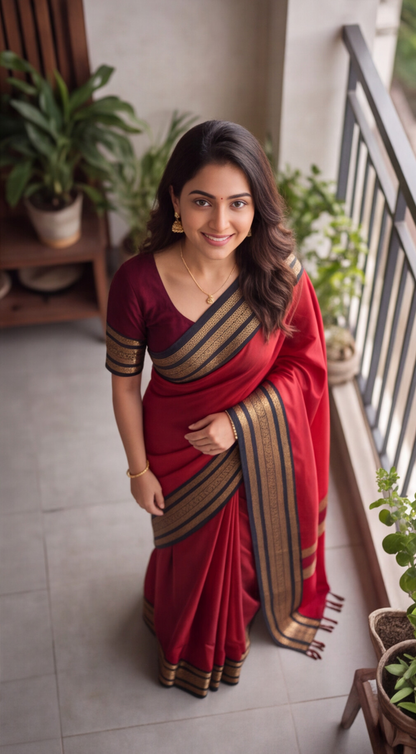 Banarasi Soft Katan Silk Saree - Red with Black - BKSEQ001