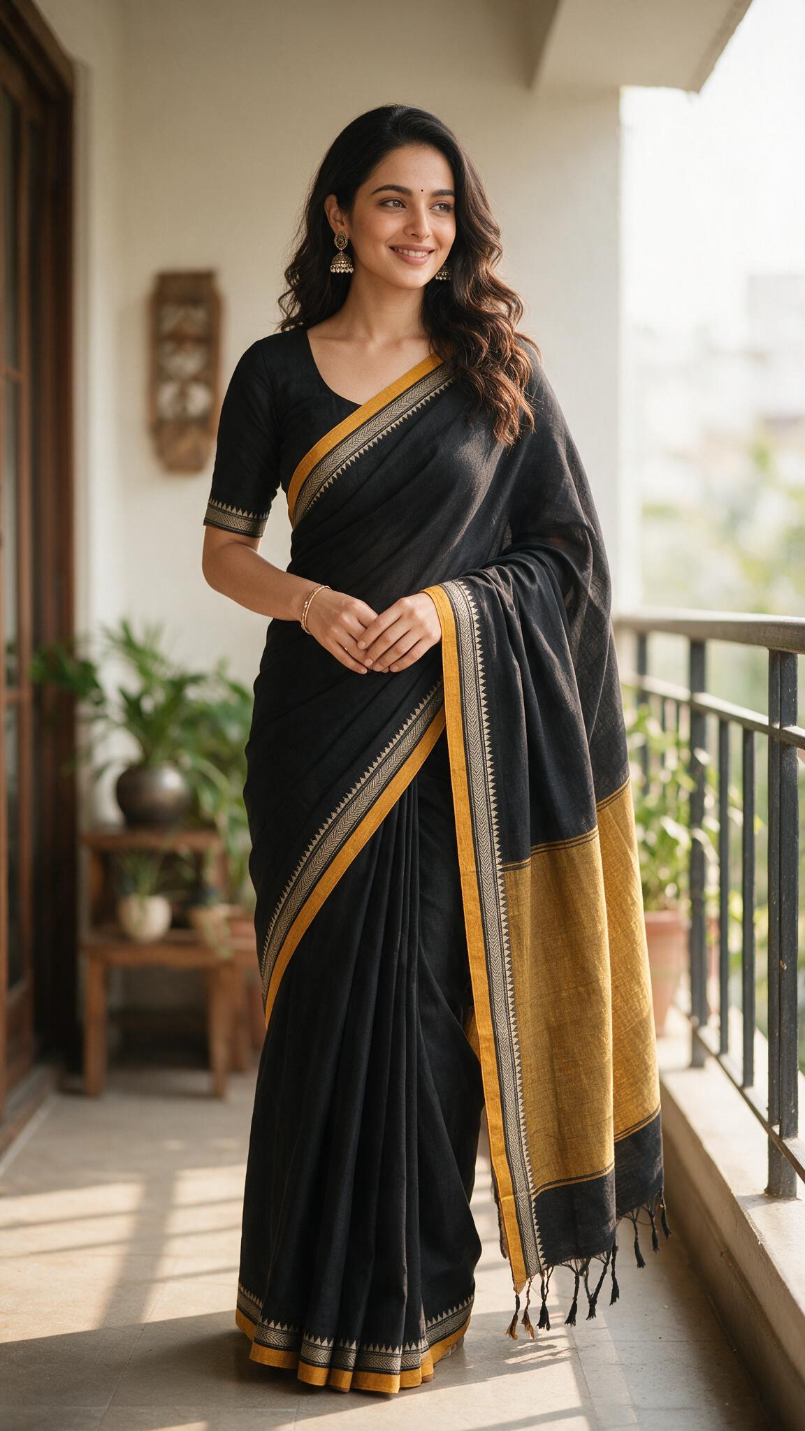 Narayanpet Saree - Black with Mustard Border - NPEQ022