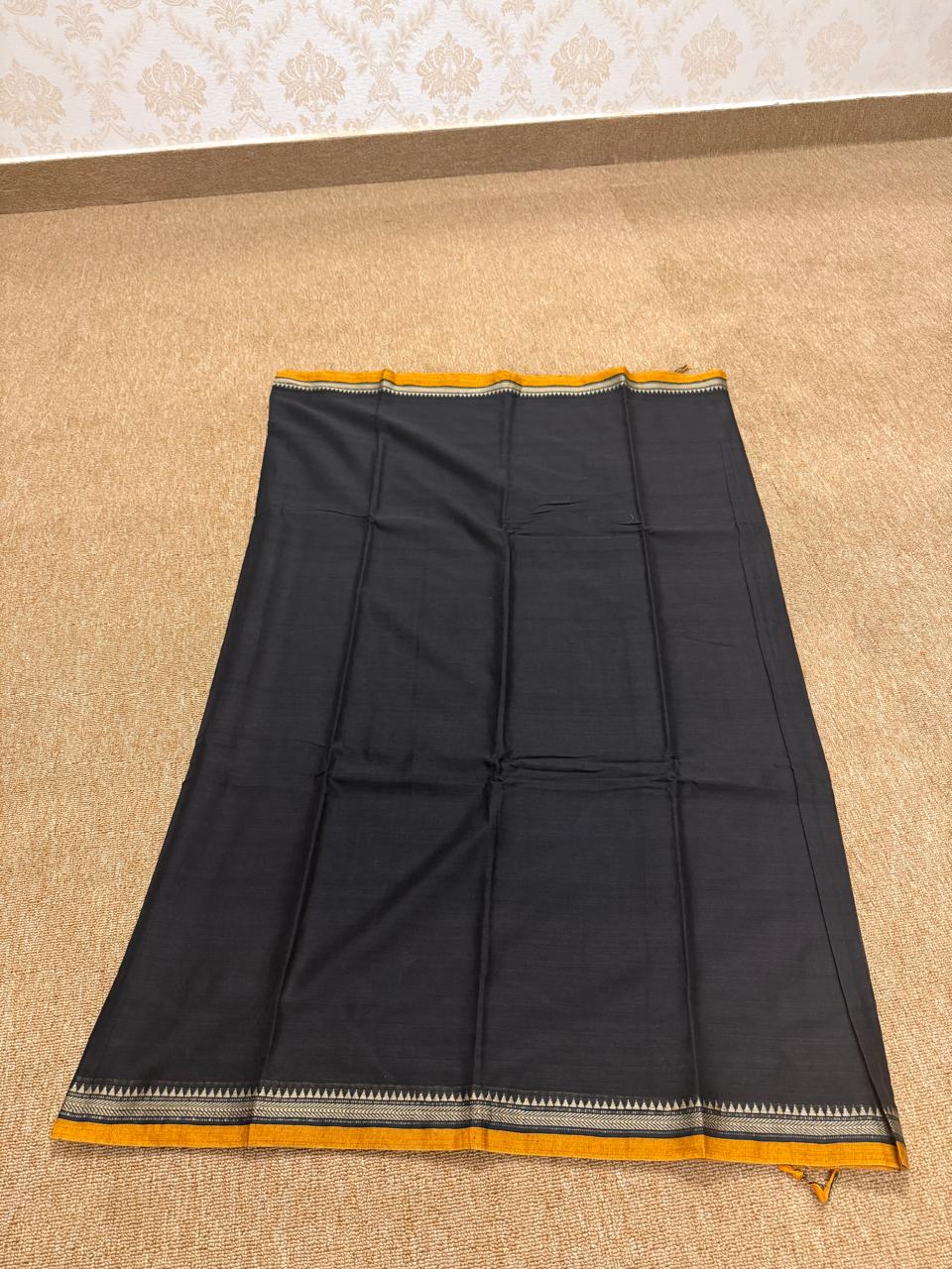 Narayanpet Saree - Black with Mustard Border - NPEQ022