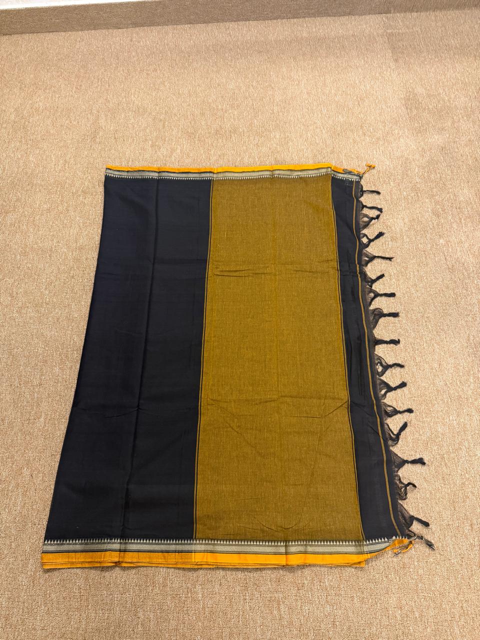 Narayanpet Saree - Black with Mustard Border - NPEQ022