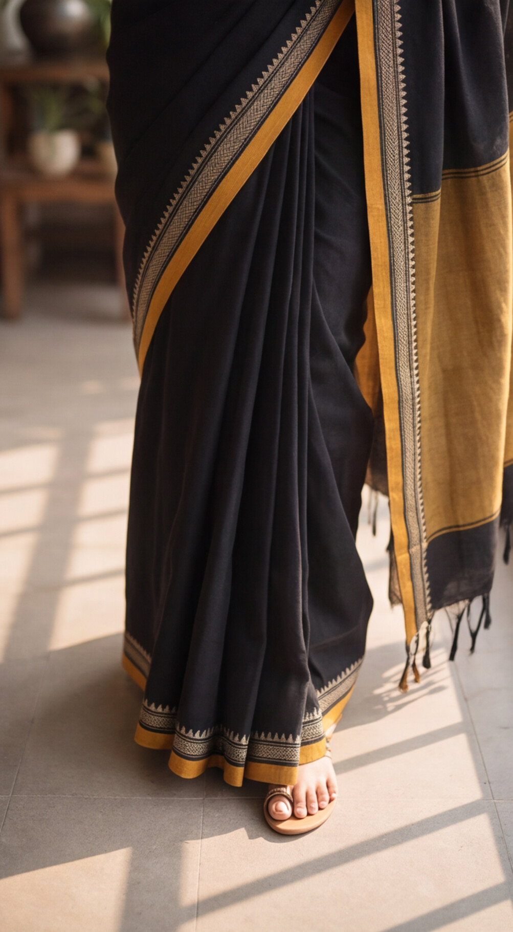Narayanpet Saree - Black with Mustard Border - NPEQ022