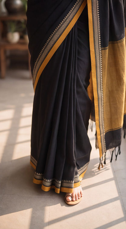 Narayanpet Saree - Black with Mustard Border - NPEQ022