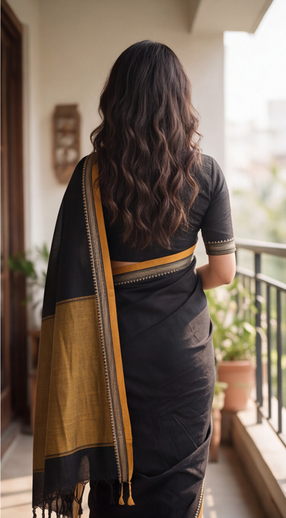 Narayanpet Saree - Black with Mustard Border - NPEQ022